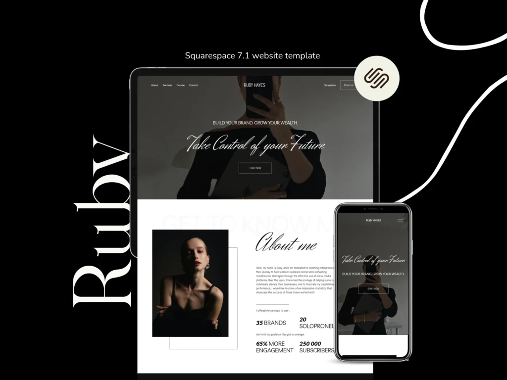 Ruby Hayes | Squarespace Template for Online Coaches – Dark Feminine Website Design, Elegant Minimalist Course & Digital Product Website