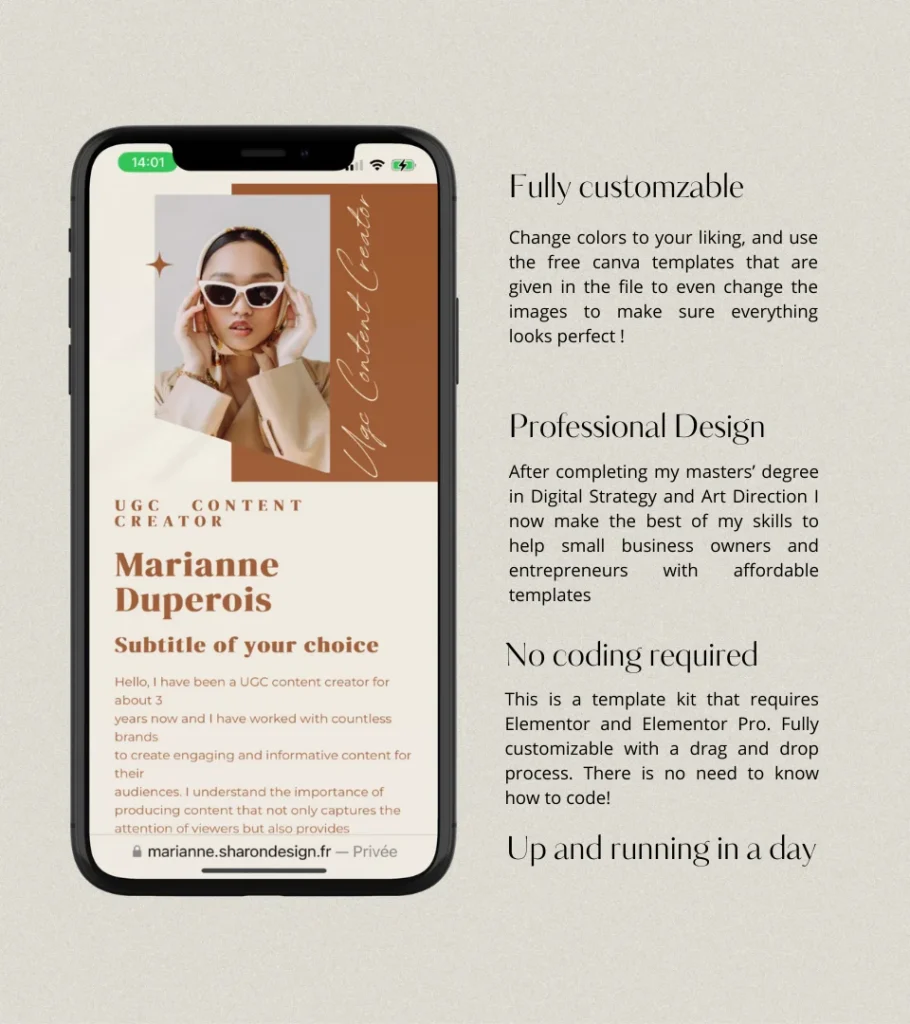 Marianne • UGC Portfolio Template, UGC Website Elementor Template Kit