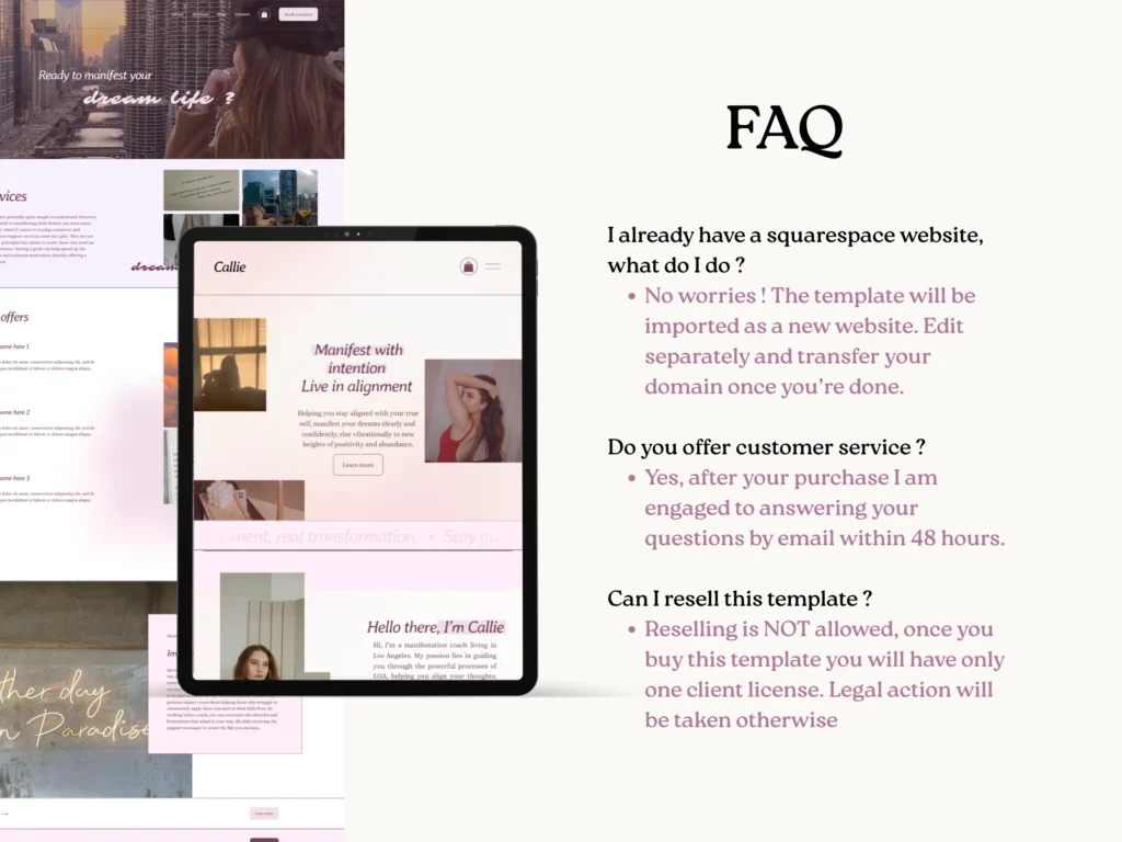 Callie by Bloomspace A Squarespace Template for Manifestation Coaches – Light Pink Feminine Website, Digital Product & Blog Design