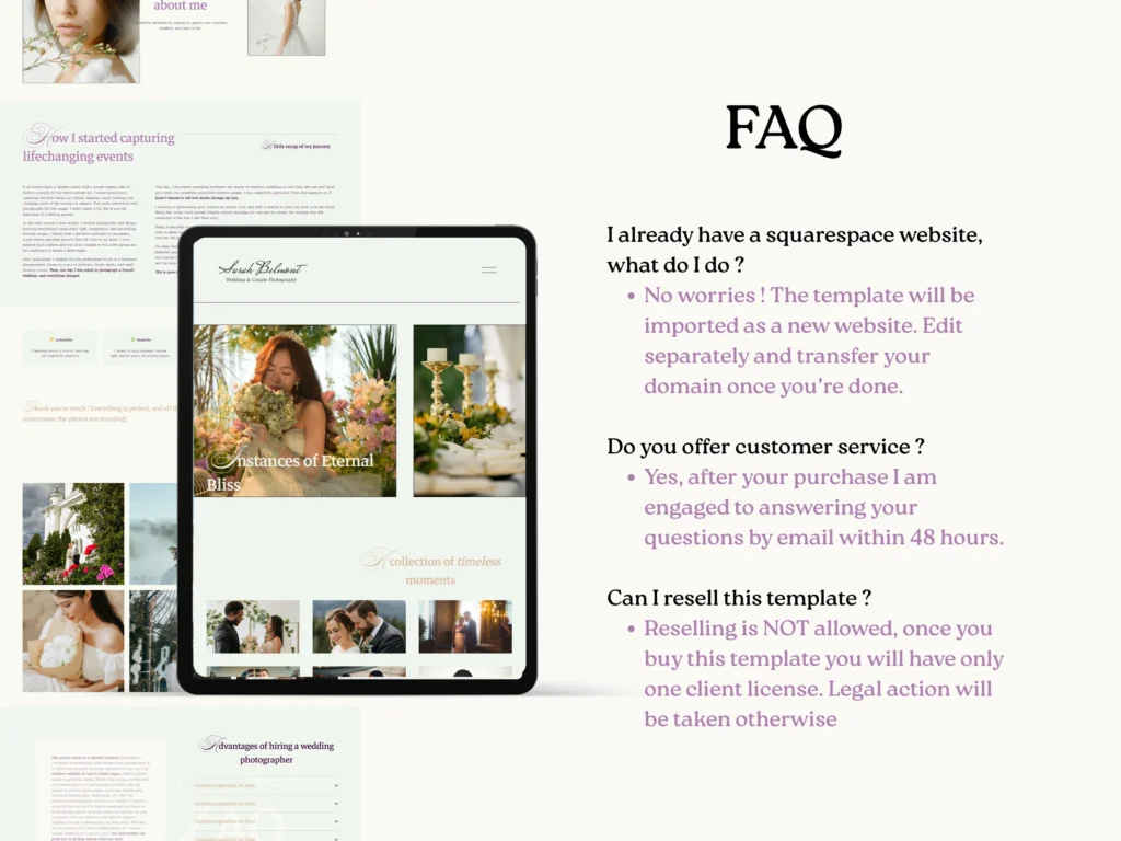 Sarah Belmont | Elegant Squarespace Template for Wedding Photographers – Luxury Website Design with Client Gallery Pages