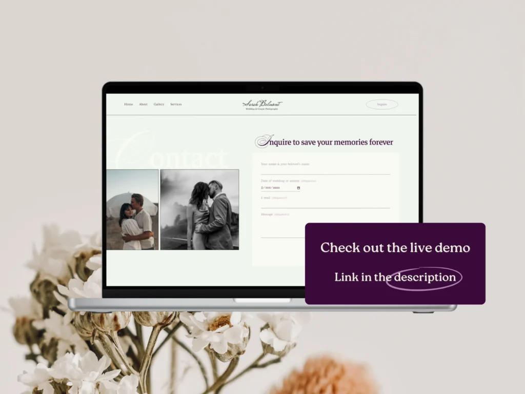 Sarah Belmont | Elegant Squarespace Template for Wedding Photographers – Luxury Website Design with Client Gallery Pages