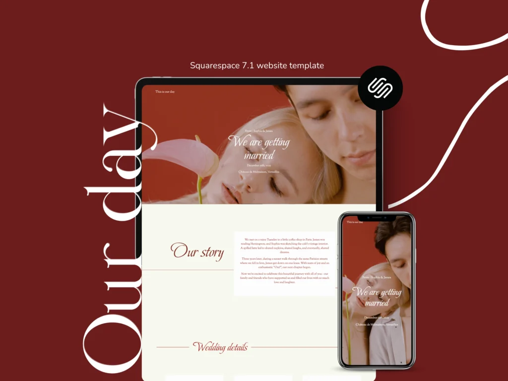 This Is Our Day by Bloomspace | Glamorous One-Page Wedding Website Template – Squarespace RSVP Design with Bold Red Romantic Style