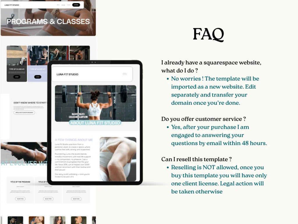Luna Fit Studio | Squarespace Template for Fitness Coaches and Personal trainers Modern Website with Booking & Workout Program Pages
